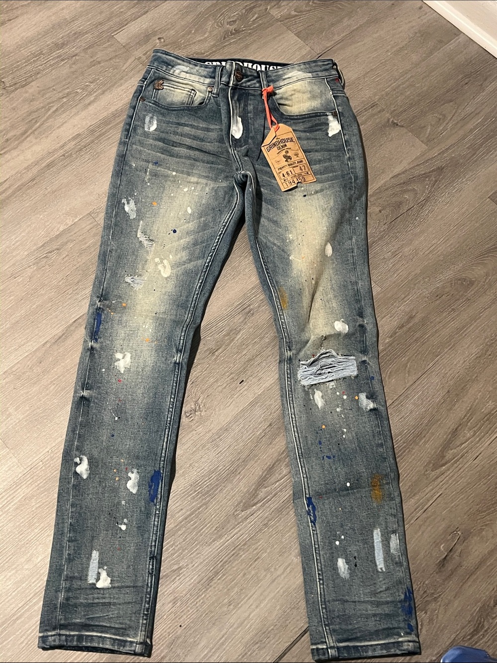 Slim Paint-Splatter Men's Jeans in Faded Blue